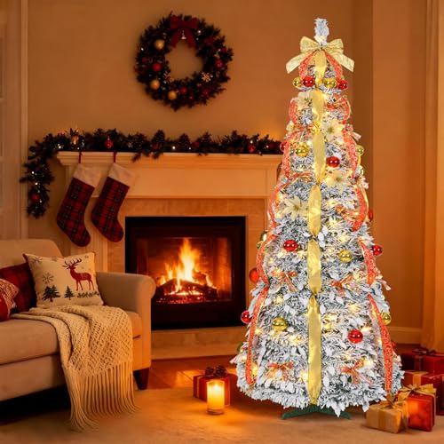 UISEBRT Pop-Up Albero di Natale Artificiale Con Illuminazione, Nastro, Fiocco, Pieghevole Albero di Natale con 8 Modalità di Illuminazione, IP44 Impermeabile per Esterni Interni Decorazione, 150cm con