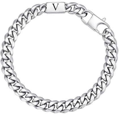 Gamtic Bracciale Uomo con Iniziale A-Z - Nome Iniziali Braccialetto Con Catenina Cubana In Acciaio Inox 21CM Gioielli Compleanno Regalo per Papà Mamma Figlio Nonni Coppia Ragazzo (V)