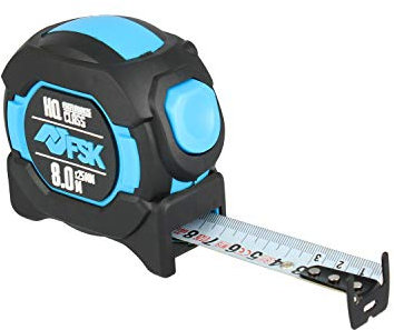 Ferrestock FSKFLHQ8025 Flexómetro con cinta reforzada en nylon de alta calidad, 8M x 25mm, doble cara, reverso en amarillo, retroceso amortiguado, doble gancho y carcasa engomada para carpntería