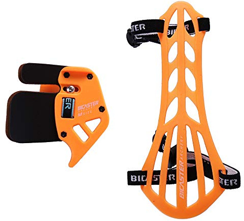 BICASTER Archery Finger Tab Guard (RH) + Arm Guard Set for Tradition Bow Recurve Bow Protective Gear (Orange, Medium)