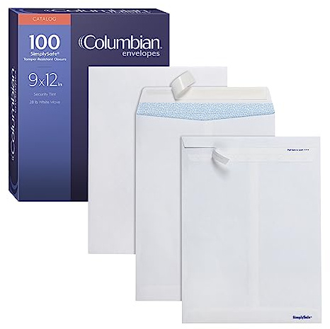 Columbian 9 x 12 Security Envelopes, 100/Box, 9 x 12 Inches, Release & Seal Self Seal, SimplySafe Tamper Evident Pull Strip, White (COLO930)