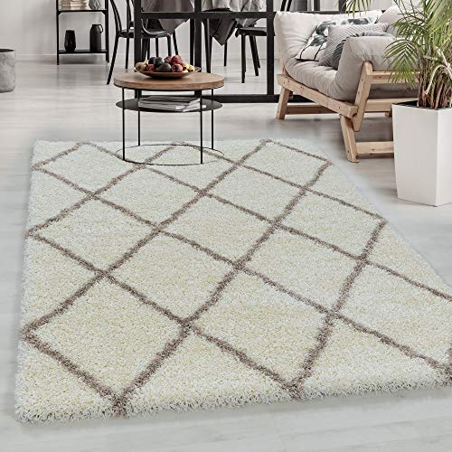 Carpetsale24 Hochflor Teppich Creme 140x200 cm Rauten Design Flauschig-Weich Langflor Wohnzimmerteppich Skandinavischer Stil Shaggy Teppich