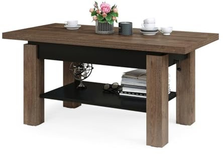 All4All Couchtisch Bresso 130x65 - Wohnzimmertisch - Klapptisch - Couchtisch höhenverstellbar - mit Ablagefach - Sofatisch mit Stauraum - Braun mit Schwarz 05 (Braune Eiche + Schwarz)