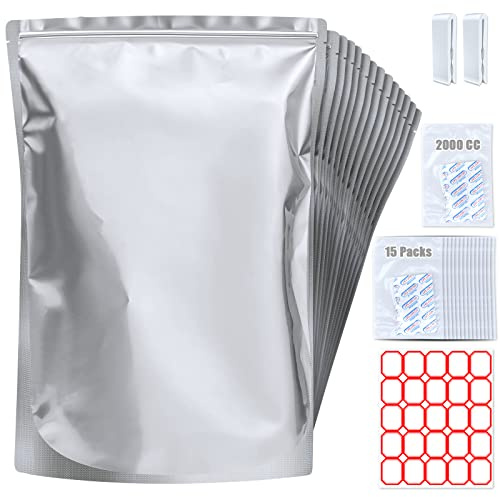 Confezione da 15 sacchetti in mylar da 5 galloni con assorbitori di ossigeno, sacchetti in mylar da 10,5 ml per conservare gli alimenti con 15 assorbitori di ossigeno sigillati singoli da 2500 cc,