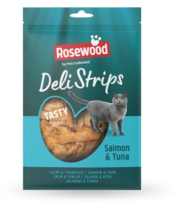 Rosewood Deli Strips Salmone e Tonno - Spuntino per gatti morbido e delicato con salmone e tonno, dolcetti magri per gatti, senza aggiunta di sale o zucchero, senza additivi artificiali, 40 g