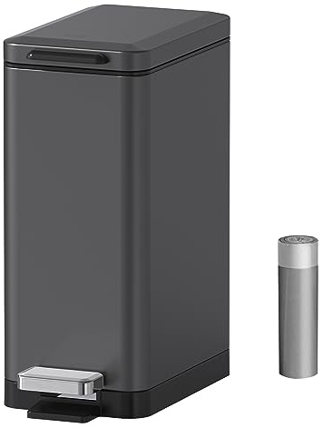 Mbillion 10L Bathroom Step On Trash Bin, Slim Design Soft Close Trash Can | Stainless Steel Waste Bin, Strong Pedal and Swing Lid Garbage Can for bathroom, toilet, bedroom & office (Grey）
