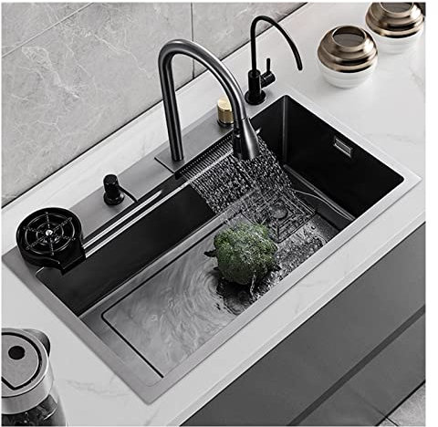 Waschbecken zum Einbau oder zum Unterbau, schwarzes 304-Edelstahl-Nano-Raindance-Wasserfall-Waschbecken mit Tassenwaschbecken und ausziehbarem Wasserhahn. Unterbau-Waschbecken für eine Wasch