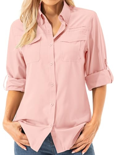 Womens UPF 50+ UV Sun Protection Safari Shirts Long Sleeve Outdoor Cool Quick Dry Fishing Hiking Gardening Shirts (5072 Pink S)