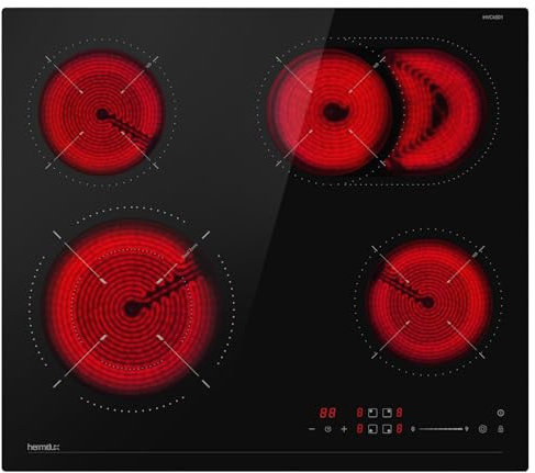 Hermitlux Placa Vitroceramica 4 Fuegos 60cm, Zonas Dobles y Ovaladas, 9 Niveles, Control Táctil, 7200 W, Temporizador, Bloqueo para Niños, apta para todo tipo de Sartenes, Sin Enchufe