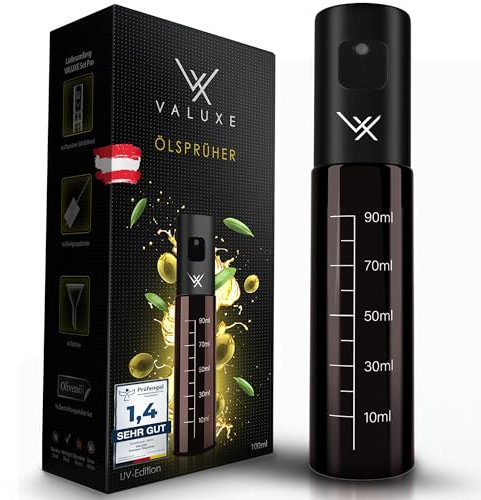 VALUXE® Ölsprüher für Speiseöl und Essig mit UV-Schutz Glas & Sprühfilter - Edelstahl Öl-Sprühflasche in Black - Präziser Olivenöl Sprüher, Öl-Zerstäuber, Oil-Sprayer