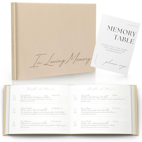 Funeral Guest Book for Celebration Of Life Memorial Service - Leather Memory Book for Funeral Guests to Sign In with Condolence Memory Table Sign & Back Pocket - Beige Guestbook
