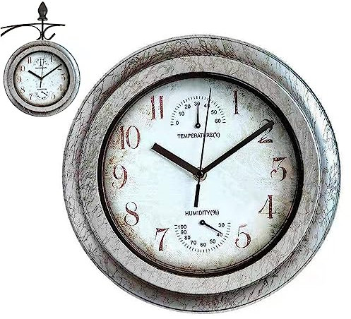Hperu Horloge de Jardin argentée Grande Horloge extérieure Horloge de Jardin avec thermomètre et hygromètre Horloge Murale silencieuse Vintage étanche pour la Maison, Horloge Murale sans Batterie