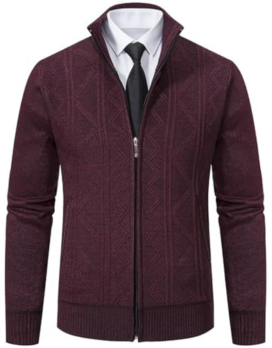 PADOLA Strickjacke Herren Trachtenjacke mit Reißverschluß Stehkragen Fleecejacke Zopfmuster Cardigan mit Taschen Winterjacke Sweatjacke mit Fleece Übergangsjacke Pullover Winter (Weinrot, XL)