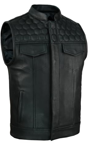 Leatherick Honeycomb SOA Estilo Chaleco de motocicleta de cuero genuino negro para hombres con bolsillos de transporte ocultos
