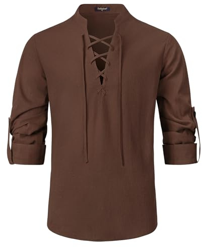Enlision Camisas de Lino para Hombre Retro Medieval Renacimiento Cordón Henley Camisa Escocesa Ghillie Camisas de Manga Larga