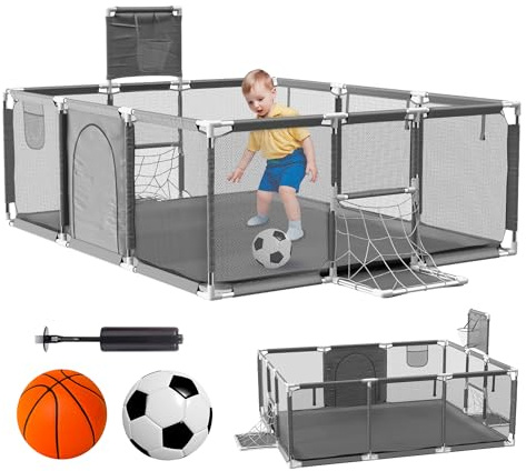 Parque Infantil Bebe + Pelota de Fútbol y Baloncesto - Corralito Plegable 180 x 120 x 60cm - Parque de Juegos Con Malla Transpirable - Centro de Actividades Gimnasio Parque Gris