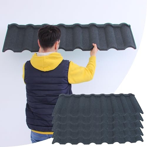 Metal Roof Shingles – Pack of 5 Pcs Covers 29.5 sq ft (2.37sqm) - Corrugated Roofing Tiles - 2mm Thick Galvanised Zinc Stone Coated Sheets, For Homes, Sheds, Canopies with Sloped Roof in Graphite