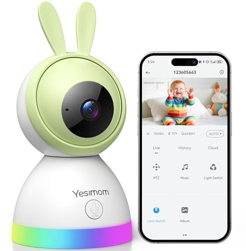 YESIMOM Baby Monitor, 360°PTZ 1080P Telecamera Wi-fi Interno per Bambini Videocamera Sorveglianza Interno per Neonato, Visione Notturna, Rilevamento Intelligente, Luce Notturna & Ninne Nanne