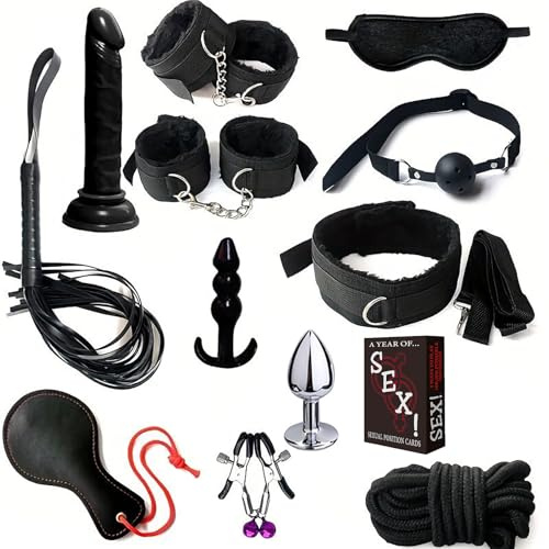 Kutocesy Sex Bondage Set 13 Piezas Kit Bondage Juego De Cartas Extremo Plug Anal Mascara Ocular Fusta Bdsm Juguetes Sexuales Para Parejas (Black)