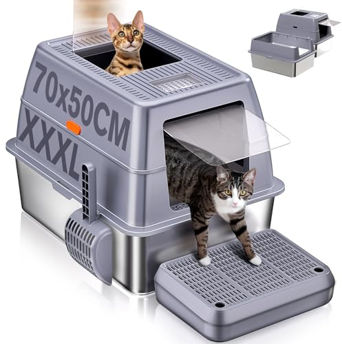 XXXL Katzenklo Edelstahl mit Deckel 70 x 50 x 45 cm 2-in-1 geschlossen Edelstahl Katzentoilette für große Katzen Mehrkatzenhaushalte, kein Urinverlust, Spritzsicher & leicht zu reinigen
