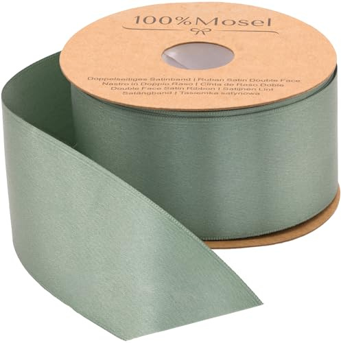 100% Mosel Nastro di raso, verde eucalipto (50 mm x 25 m), opaco lucido, elegante nastro per decorare e fai da te, per confezionare regali speciali, per matrimoni, battesimi, comunioni