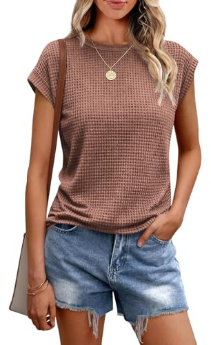 Chicrise T Shirt Donna Estive Girocollo Maglietta Tricot Senza Maniche Blusa Lounge Leggero Marrone 2X-Grande 50-54 2XL