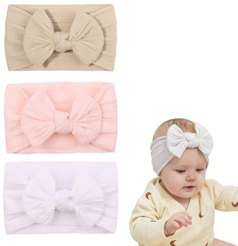 Baby Bow Headbands, 3Pcs Soft Stretchy Wide Baby Bows Headbands for Girls & Boys, Elastic Nylon Hair Bands for Newborns, Infants, Toddlers 0-3 Months and Up