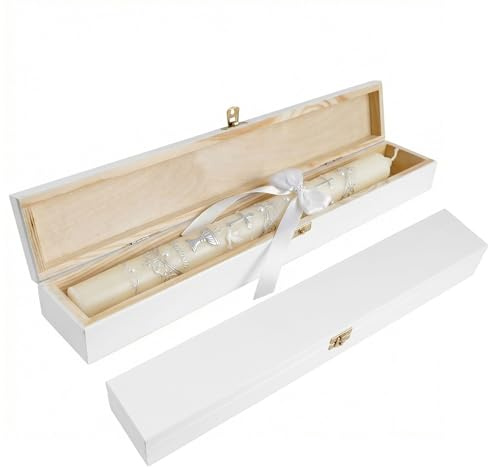 Creative Deco Boîte Blanche en Bois pour Bougies de Baptême et de Communion 47 x 7 x 5,5 cm | Boîte en Pin Naturel | Cadeau de Baptême pour Filles et Garçons | Boîte à Souvenirs et de Rangement