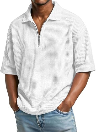 Generisch Tshirt Herren Slim Fit, Poloshirt Mit Reißverschluss Sommer Kurzarm Einfarbige Polohemd Stretch Golf Casual Shirt Brusttasche Hemd Jagdbekleidung Koszula Meska (XL, White)