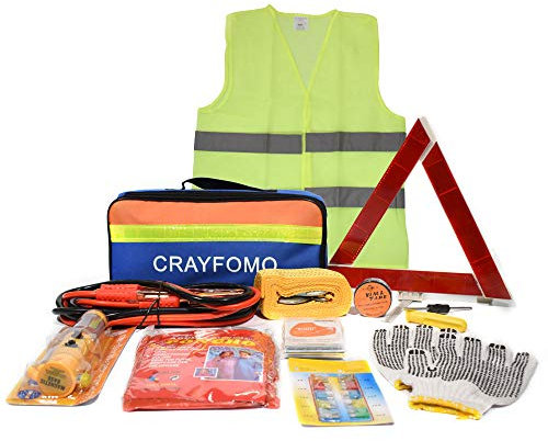 12-In-1 Car Auto Emergency Safety Tool Kits Euro Travel Roadside Assistance with Jumper Cables, Tow Rope, Emergency Triangle, 6-in-1Safety Hammer