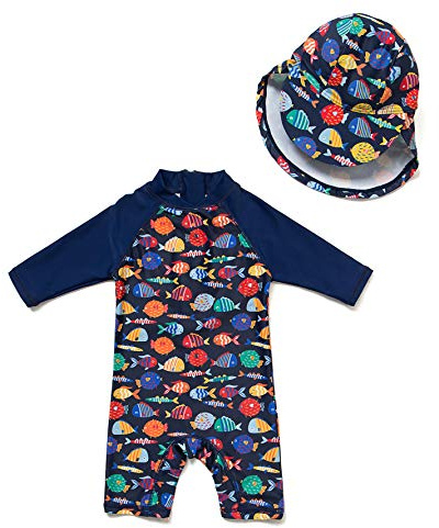 BONVERANO Bañador Recién Nacido Manga Corta Protección UV 50+ con Gorro(Azul-pez,24-36meses