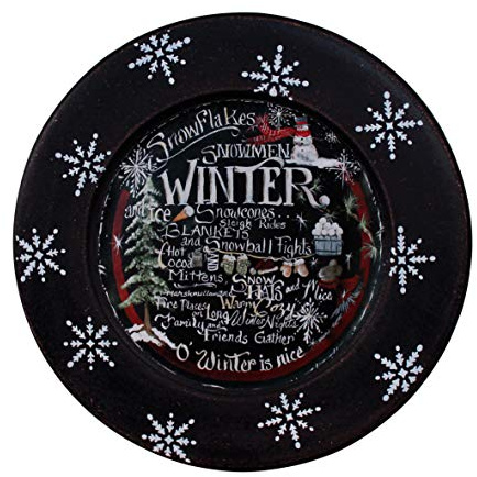 CVHOMEDECO. Winter Decorative Plate Primitives Distressed Round Christmas Display Wooden Plate Home Décor Art, 9-3/4 Inch