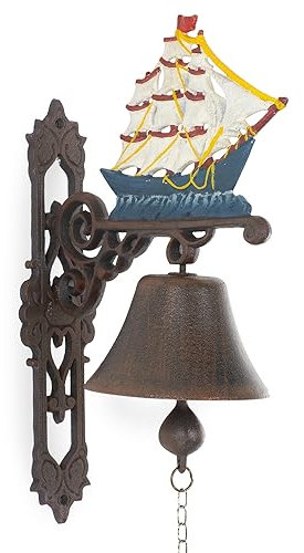 Moritz Gußeisen Wandglocke Segelschiff Segelboot 3 Master Schiff Glocke Türglocke 38 cm Höhe Hausglocke antik Stil mit Anker Seil Glockenband