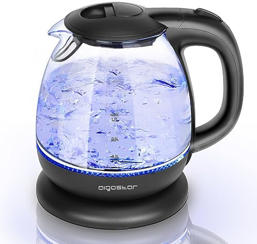 Aigostar Elfin - Bouilloire électrique, Mini Bouilloire en Verre borosilicaté avec illumination LED. 2200W, capacité de 1L, sans BPA. Ébullition rapide, protection contre l’ébullition à vide, Noire