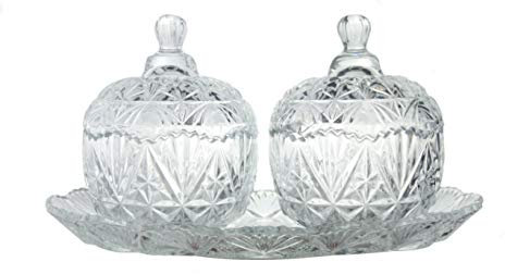 Clear Glass Sugar Bowls & Tray Set 3 Piece Decorative Candy Sweet Jar With Lid Crystal Cut Effect Covered Bonbon Bowl Small Round Clear Transparent Glass Chocolate Jar Dish Box