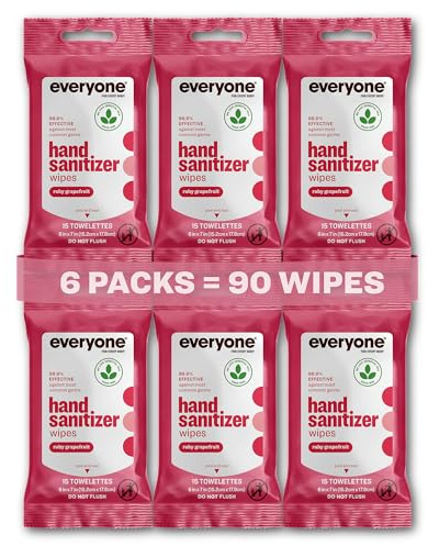 Everyone Hand Sanitizer Wipes, 15 Wipes (Pack of 6), Ruby Grapefruit, Made with Sugarcane Derived Alcohol with Essential Oils, TSA friendly