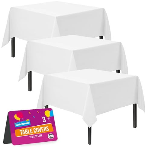 SOL 3pk White Table Cloth Party 121x121cm Plastic Cover Tablecloth Disposable for Parties - Heavy Duty Spill Protection - Opaque Design for Weddings, Buffets, Catering, Gender Reveals & Events