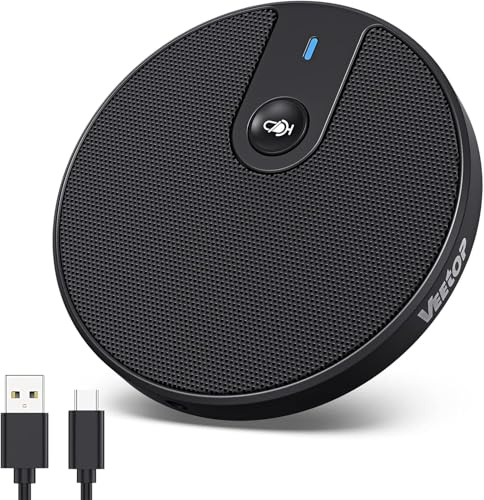 Veetop Conference Microphone 360° Omnidirectional USB Computer Microphone with Mute Plug & Play & 3.5mm Aux Jack USB PC Mic for Video Conference Zoom Meeting Skype Recording Gaming（Not Speaker）