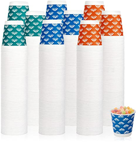 JollyPack 1200 Pack 3 oz Disposable Bathroom Paper Cups, Small Mouthwash Cups in Orange, Blue, and Green, Great for Candy, Biscuits, Bathroom Use, Parties, Picnics, and Travel