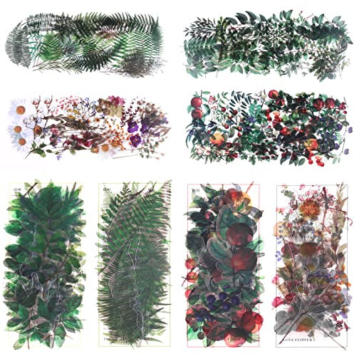 RISYPISY 160Stück Pflanzenaufkleber, 4 Packs Blume Blatt Dekorative Abziehbilder Wasserdicht PET Aufkleber für Junk Journals, Karten, Scrapbooking, Wasserflaschen