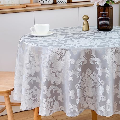 SPRICA Round Jacquard Tablecloth 200cm Classic Flower Pattern Thick Heavy Weight Soft Table Cover, Machine Washable, Light Grey