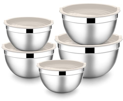 HaWare blandningsskål set om 5, salladsskål i rostfritt stål, skål med lufttätt lock – 4,5 l/2,7 l/1,5 l/1,2 l/0,7 l, perfekt för matlagning/bakning/förvaring, stapelbar & diskmaskinssäker – khaki
