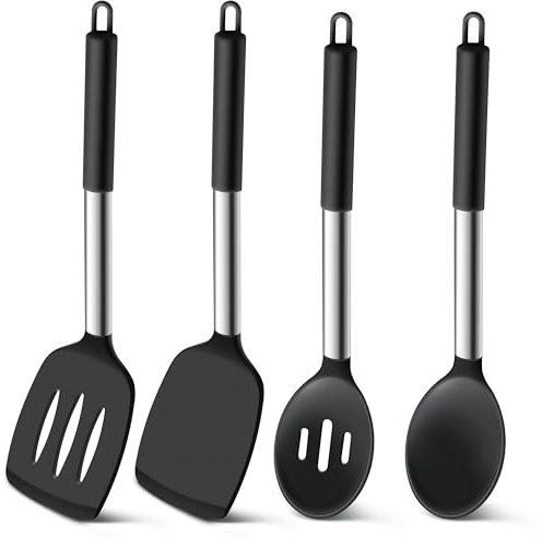 Homikit Black Kitchen Utensil Set, 4Pcs Silicone Turners Spoons for Cooking Serving Mixing, Heat Proof & Safe for Non-Stick Cookware, Stainless Steel Handle & Dishwasher Safe