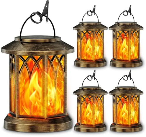 KOOPER 4 Pack Solar Lanterns Outdoor Waterproof, Upgraded Flickering Flame Solar Lantern Lights, Auto On/Off Lanterns Decorative Outdoor, Outdoor Hanging Lantern for Yard Garden Table Decor (Bronze )