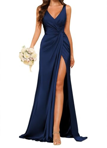 Vestido de dama de honor con cuello en V para mujer, con abertura en la cintura fruncida, plisado, de satén, vestido de fiesta formal, azul marino, 38