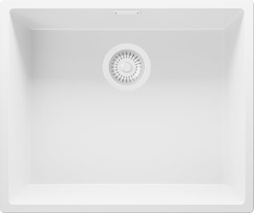 PRIMAGRAN Evier Sous Plan Tout Blanc 56x47cm, Evier en Granit 1 bac + Kit de Vidage, Évier al mueble 60cm - London S179