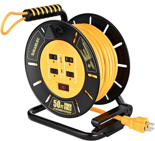 SURAIELEC 50 FT Retractable Extension Cord Reel, 12AWG Heavy Duty Power Cord with Handle Rewind, 4 Grounded Outlets, USB-A & USB-C Ports, 15A Circuit Breaker, ETL Listed for Garage, Workshop, Jobsite