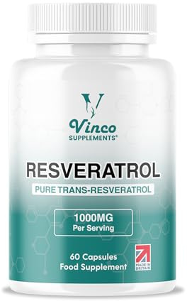 Vinco Resveratrol 1000mg, 60 Capsules - 100% Pure Trans-Resveratrol Supplement for Cellular Health and Cardiovascular Wellness - Non-GMO & Gluten Free - Made in The UK