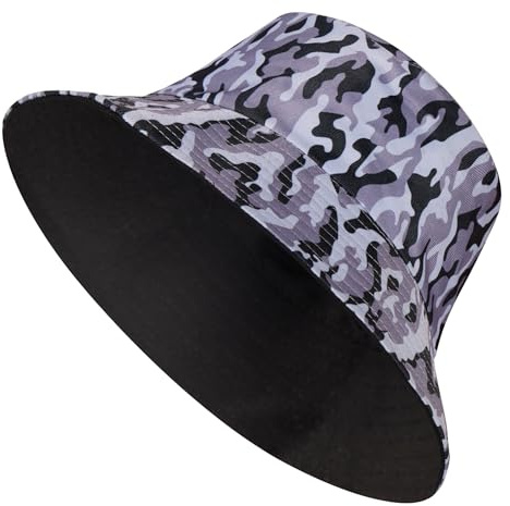 GM Apparel Kids Bucket Hat | Camouflage Sun Hat for Boys & Girls | 2 in 1 Reversible Summer Hats | Unisex Outdoor Caps | Sun Protection | One Size 7-13 Years (Grey Camo/Black)