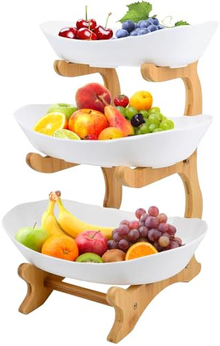 HUOLE Présentoir à fruits à 3 étages avec support en bambou naturel, en polypropylène, pour fruits, légumes, gâteaux, bonbons, pour plus d'espace dans la cuisine-14*22,5*32cm--Blanc